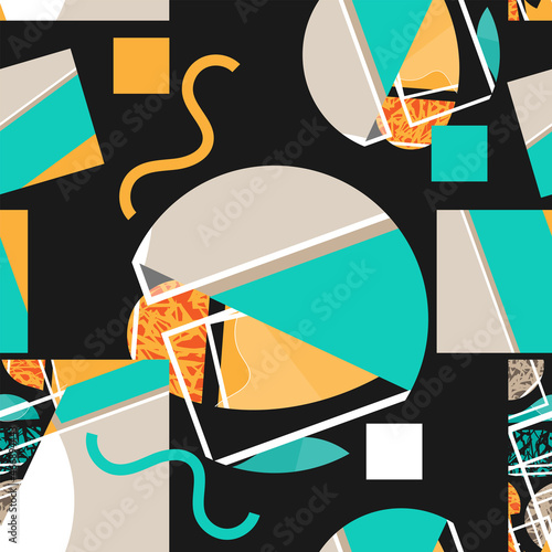 Abstract seamless pattern with various texture elements and wavy lines. Black background. Vector illustration