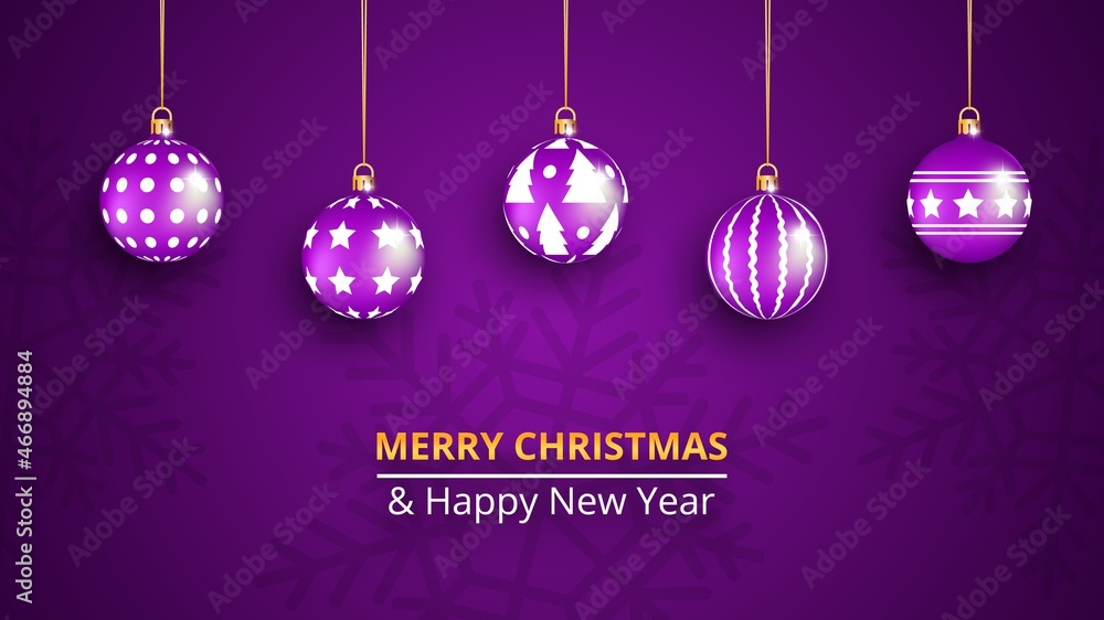 Christmas and New Year background with realistic Christmas tree and Christmas tree decorations. Vector illustration.