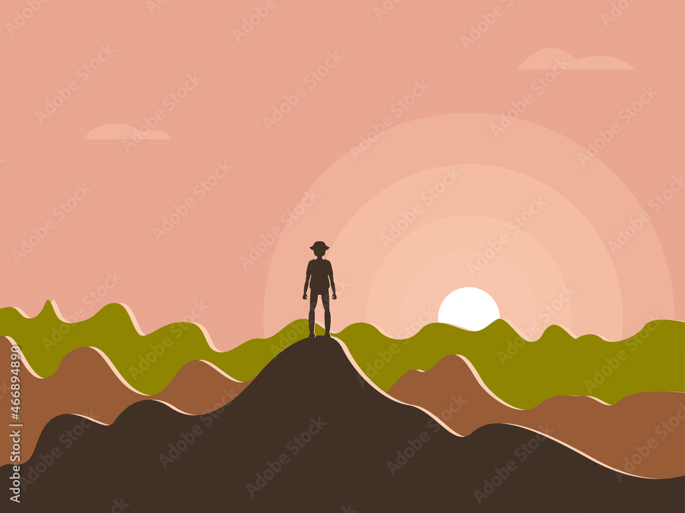 Vector graphics - a silhouette of a man standing on top of a mountain against the background of the rising sun in trendy colors. Concept - overcoming and freedom