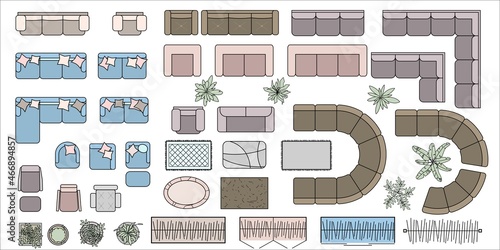 Furniture for living room Top view. Set of colored elements for interior design of flat, office, house, apartment. Interior icon, sofa, chairs, plant. Furniture symbol set.  Isolated Vector collection