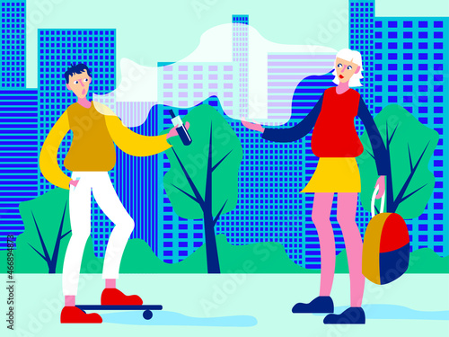Vector illustration-a teenager on a skateboard Smoking a VAPE releasing a cloud of steam from his mouth and offering to try a girl with a backpack on the background of a multi-storey building and tree