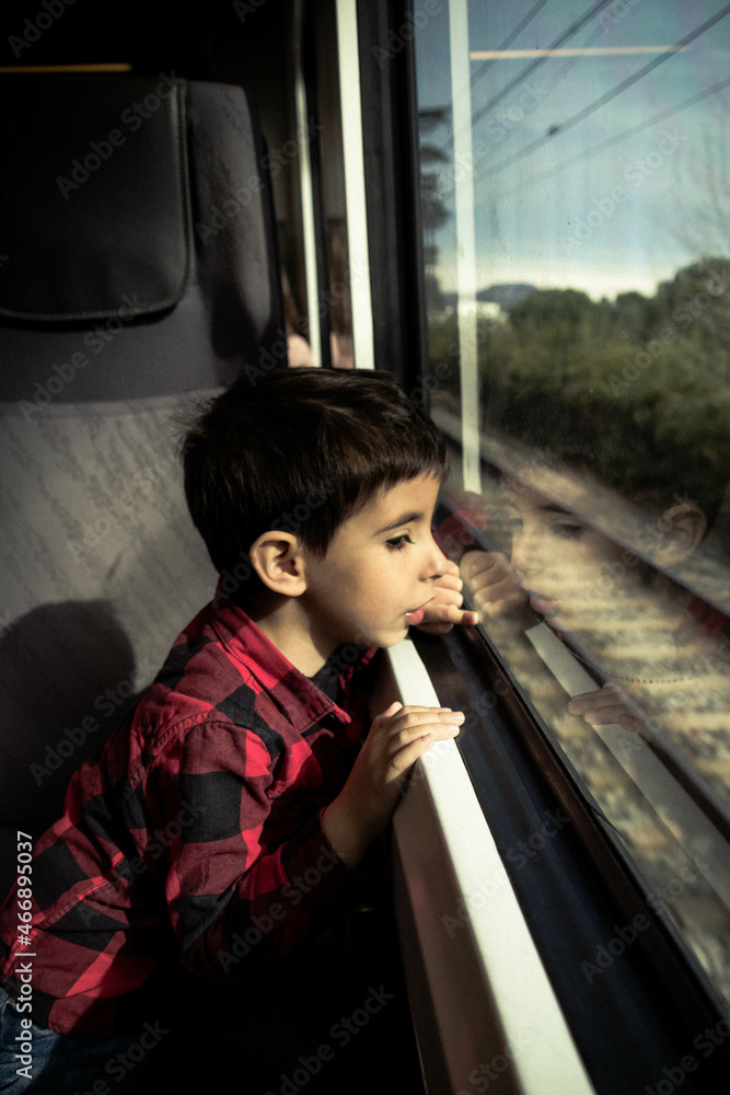 Amazed child looks out the window while traveling by train
Conceptual people, travel, transportation, lifestyle