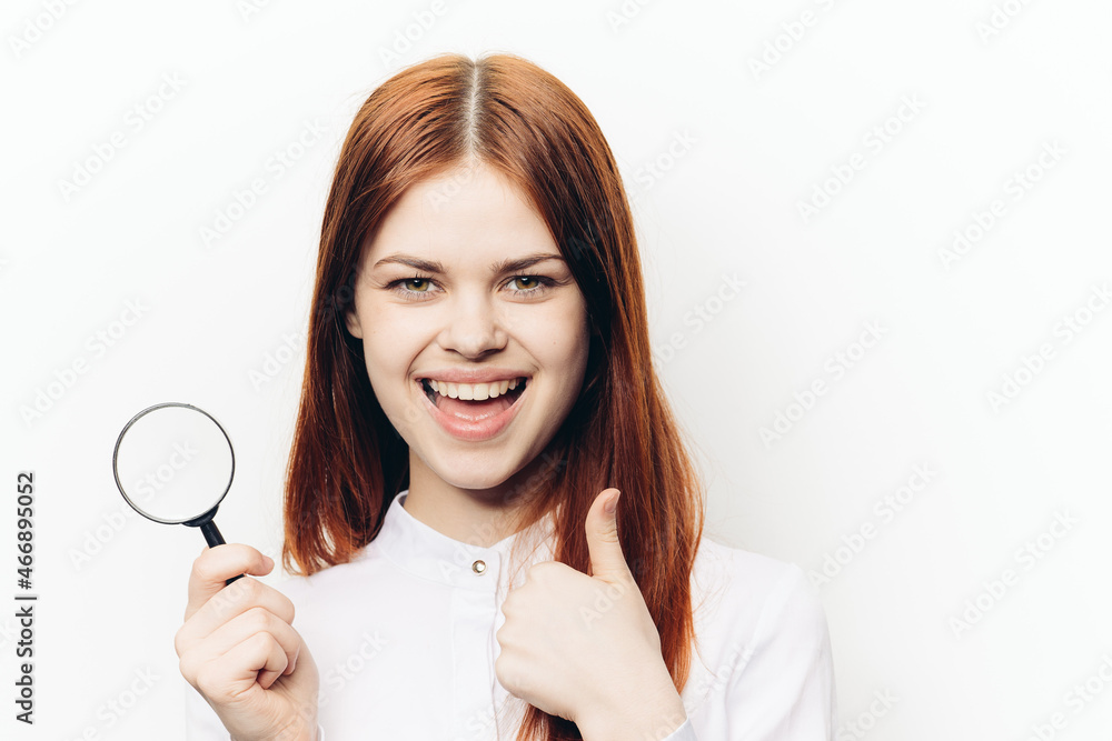 cheerful woman in white shirt pump in hands search tool cheerful woman in white shirt pump in hands search tool