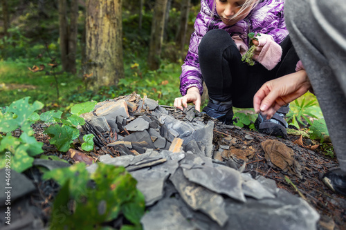 Little kid collecting and exploring dark grey shale slate natural rock fossil at walk in forest with family outdoors. Child searching fossil formation at mountain woods park outside photo