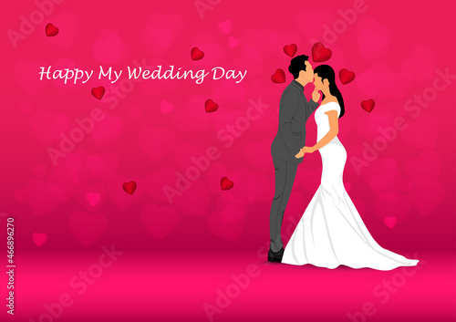 graphics image Bride And Groom Couple Wedding Dress vector illustration with heart valentine day copy for text