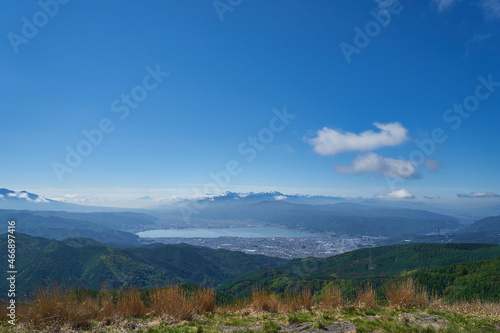 長野県 高ボッチ高原からの諏訪湖と富士山 