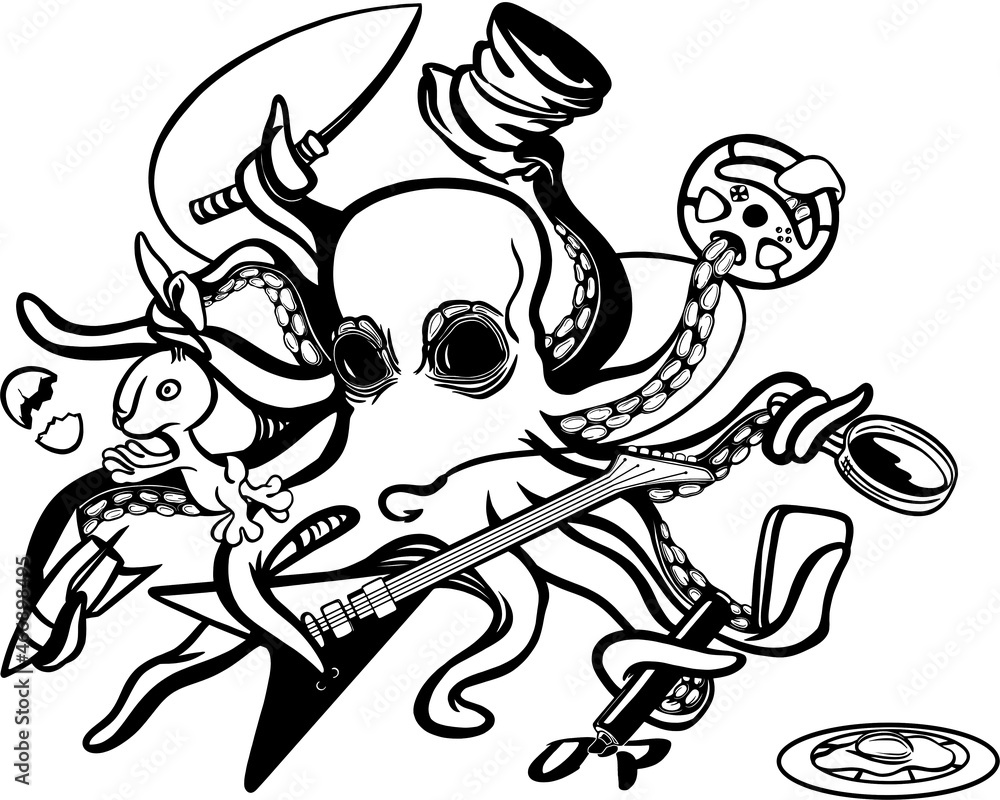 The serious octopus catches fish, fries eggs, takes a rabbit out of his hat, plays the electric guitar, writes and takes selfies. Monochrome linear illustration with stylized octopus silhouette. The serious octopus catches fish, fries eggs, takes a rabbit out of his hat, plays the electric guitar, writes and takes selfies. Monochrome linear illustration with stylized octopus silhouette.