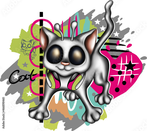 Strange creative cat with big black eyes in headphones on a bright abstract background for printing on a t-shirt, souvenirs, posters