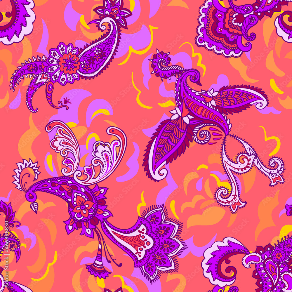 Obraz premium Paisley animal background. Seamless pattern with fantasy birds. Firebirds in Paisley style. Folk Oriental motif.