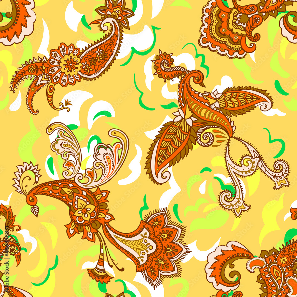 Paisley animal background. Seamless pattern with fantasy birds. Firebirds in Paisley style. Folk Oriental motif.