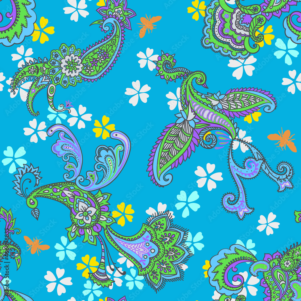 Obraz premium Paisley animal background. Seamless pattern with fantasy birds. Firebirds in Paisley style. Folk Oriental motif.