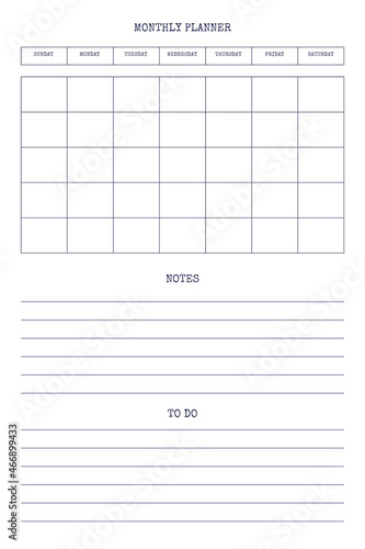 monthly personal planner diary template with type written font. Monthly calendar individual schedule minimalism restrained design for business notebook. Week starts on sunday