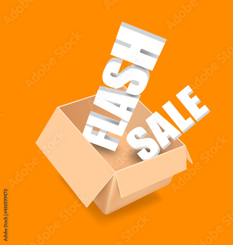  3D FLASH SALE text white put in shopping cart and all floating in mid air,vector 3d on orange background for advertising promotion sale