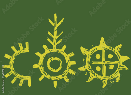 vector set of ethnic shamanic pagan symbols of sun and moon in vintage old engrave style at the green background