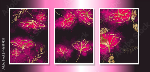 Cards set with watercolor and gold plants. Abstract art vector with gold elements. Effective cards with botanical leaves and organic shapes. Watercolor style. Space for your own design.