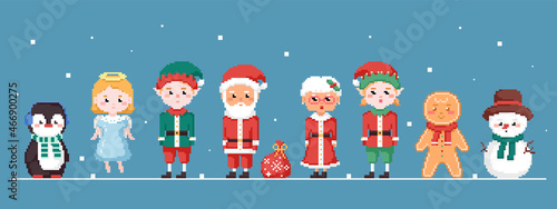 Pixel art Christmas characters icon set. Vector 8 bit style retro illustration of Santa Claus, Gingerbread cookie, elf, snowman, penguin, angel and mrs Claus. Isolated winter avatars clipart set.