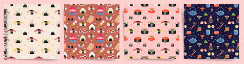 Pixel art japanese cuisine seamless patterns. Square repeat tile set with sushi, maki, roll, onigiri rice ball, japanese kettle, chopsticks, other japanese food. Vector tileable backgrounds collection