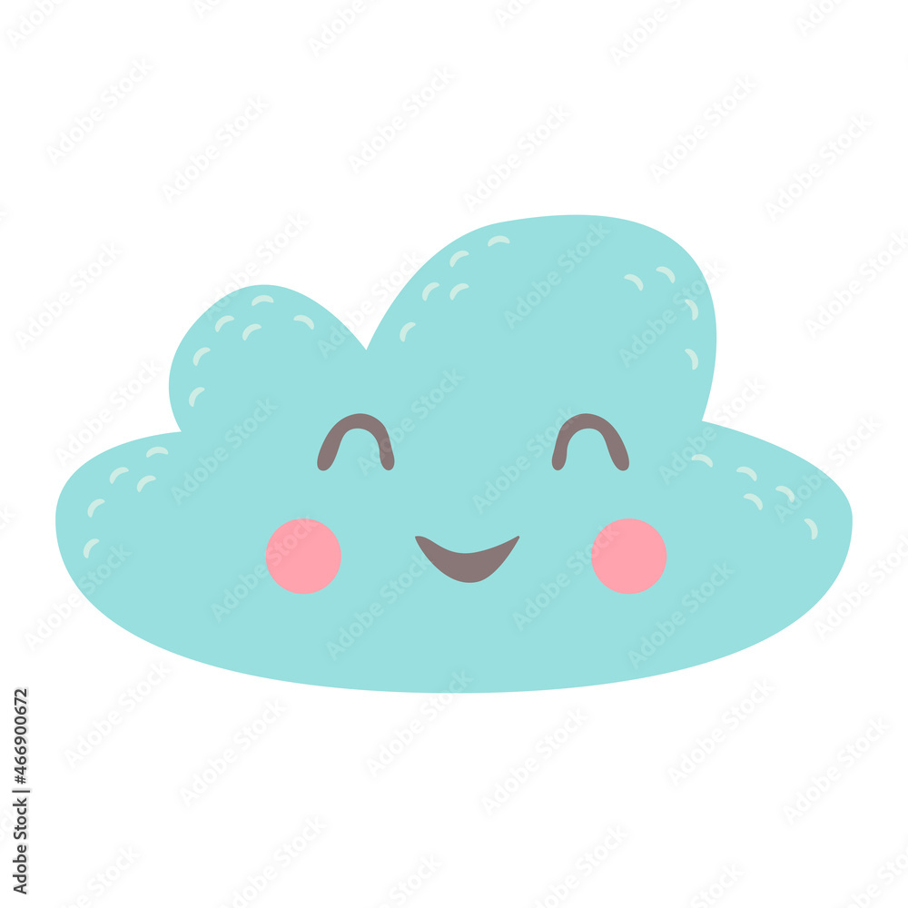 Cute cloud with happy smiling face. Funny baby character. Childish flat colored vector illustration isolated on white background. Cute cloud with happy smiling face. Funny baby character. Childish flat colored vector illustration isolated on white background.