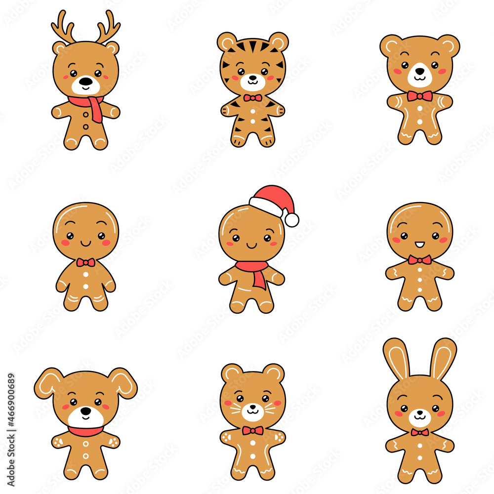 Christmas set of gingerbread mans and gingerbread animals. Vector flat pattern with holiday cookie Christmas set of gingerbread mans and gingerbread animals. Vector flat pattern with holiday cookie