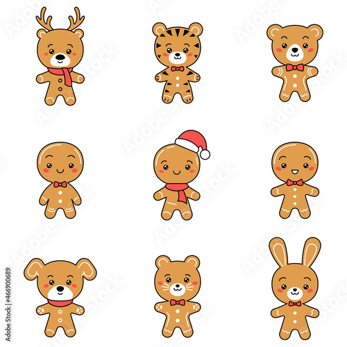 Christmas set of gingerbread mans and gingerbread animals. Vector flat pattern with holiday cookie