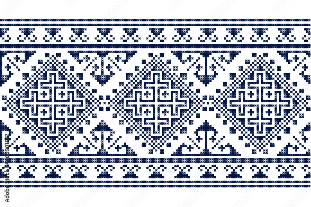 Zmijanje embroidery style vector seamless pattern - long horizontal border design inspired by folk art from Bosnia and Herzegovina
