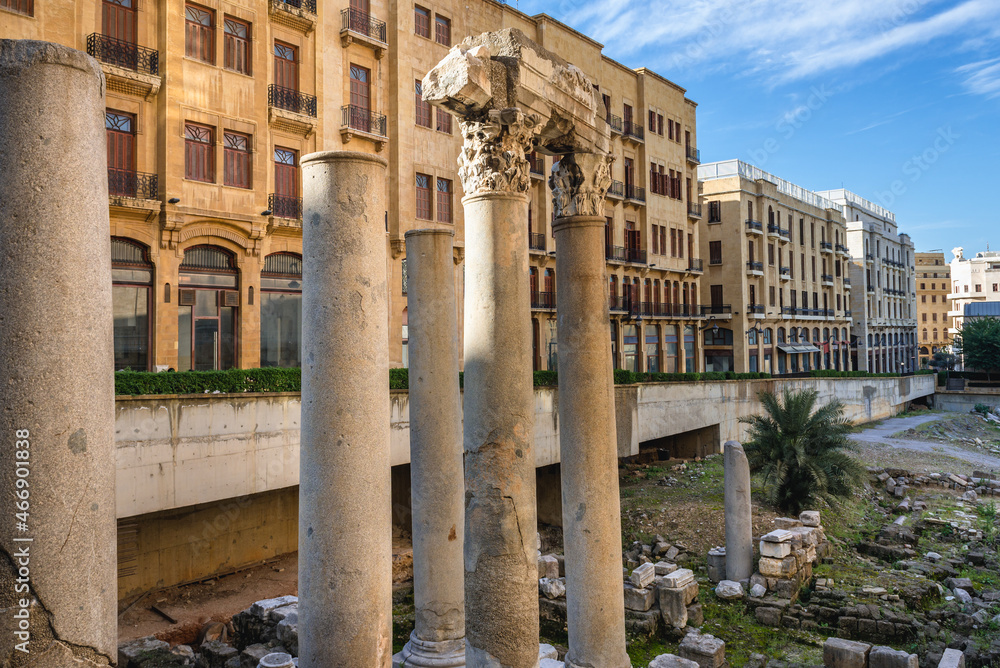 Roman columns near the Forum of Berytus ancient city in Beirut capital city, Lebanon