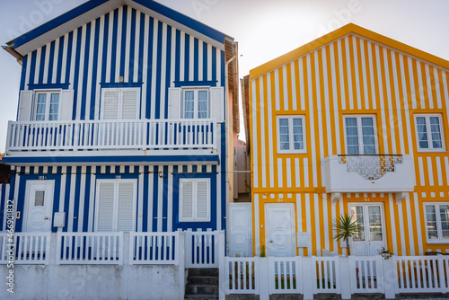 Traditional stripes painted house - Palheiros in Costa Nova area of Aveiro, Portugal © Fotokon