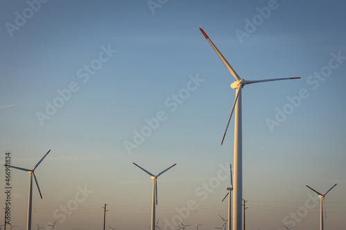 View on turbines on wind farm near Balgarevo village, Dobrich county in Bulgaria