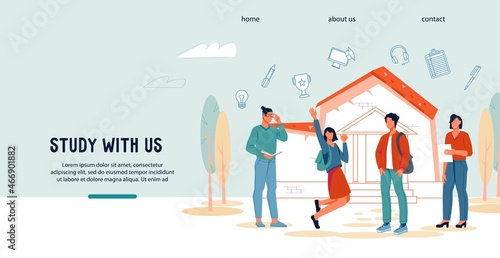 Education website banner with university or college students. Study with us concept of webpage for online and university education, flat vector illustration isolated on white background.