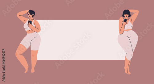 Beautiful chubby women on the background of a blank poster with telephones. Young overweight women in sports tight-fitting suit. Vector illustration of adult girls plus size with empty space for text.