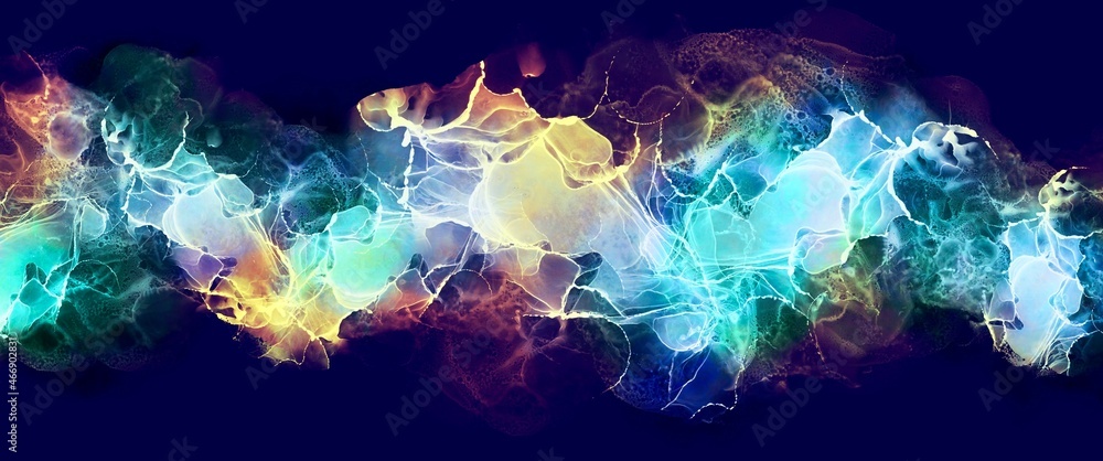 Fototapeta premium Abstract coloured bright alcohol ink background on the dark blue background, dreamy hand drawn art, fluid illustration texture, modern flashing wallpaper for print