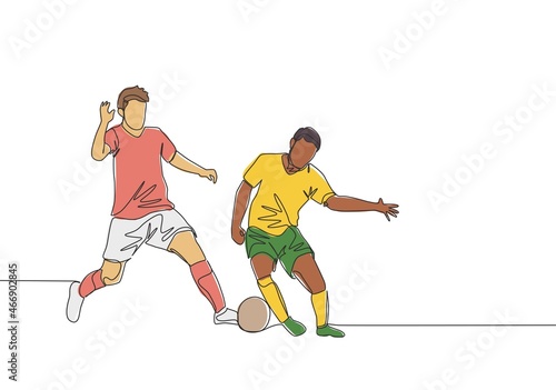 Single continuous line drawing of young energetic football player dribbling pass opponent player and running to the rival area. Soccer match sports concept. One line draw design vector illustration