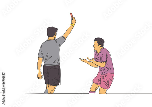 Single continuous line drawing of referee punished young football player a yellow card to his foul at the game. Soccer match sports concept. One line draw design vector illustration