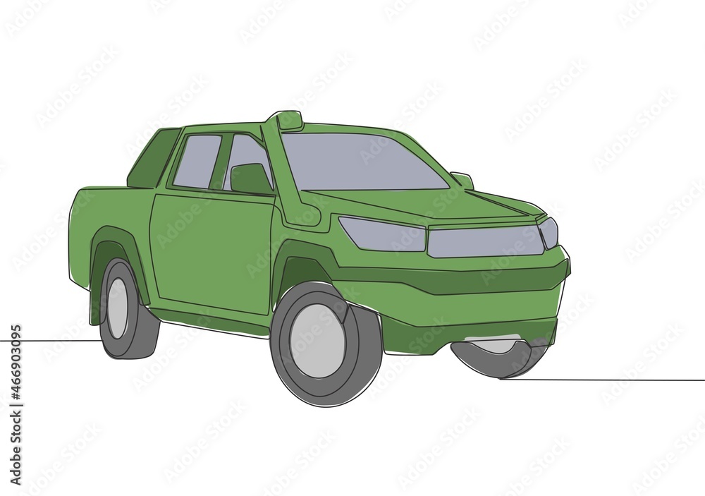 One line drawing of 4x4 wheel drive tough pickup truck car. Sporty vehicle transportation concept. Single continuous line draw design