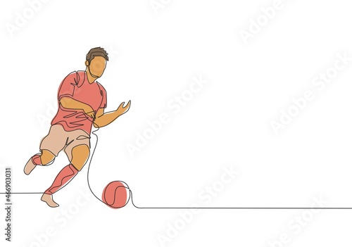 One single line drawing of young energetic football midfielder dribbling the ball at the game. Soccer match sports concept. Continuous line draw design vector illustration