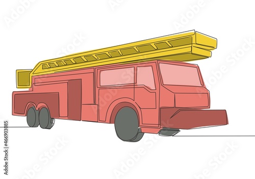 One line drawing of fire truck with hose and ladder. Public safety service vehicle transportation concept. Single continuous line draw design