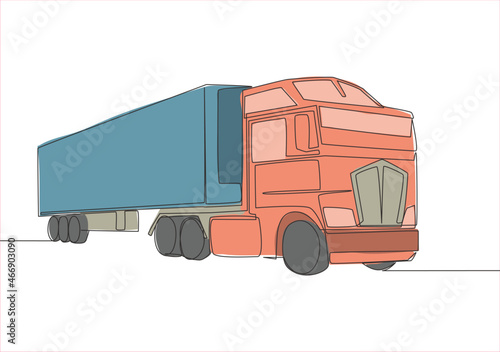 One line drawing of modern big trailer truck with container. Courier cargo delivering vehicle transportation concept. Single continuous line draw design