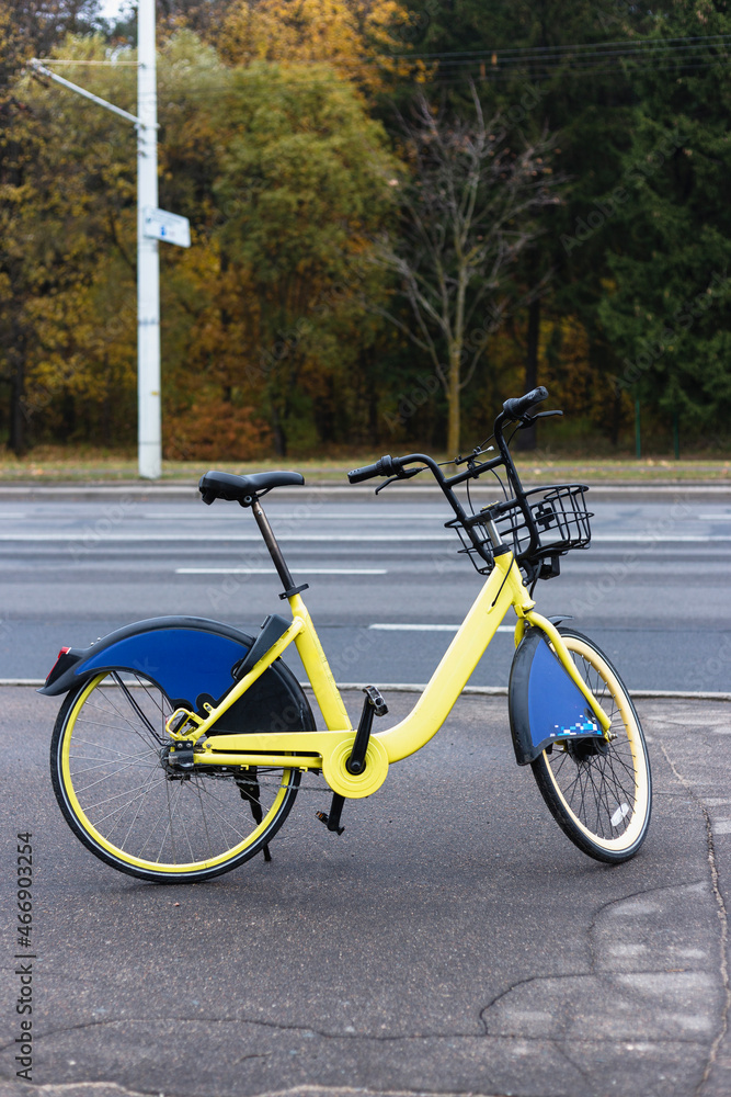 Fototapeta premium Yellow rental bike stands near the road