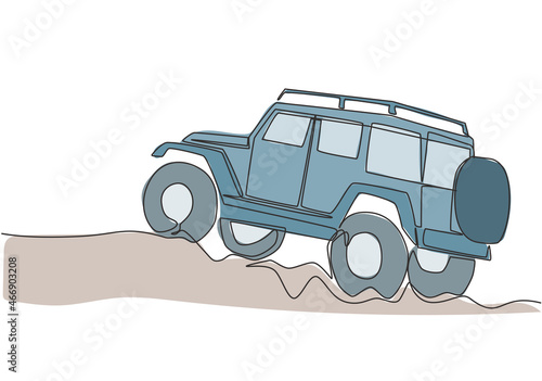 Single line drawing of tough 4x4 speed trail jeep car. Adventure offroad rally vehicle transportation concept. One continuous line draw design