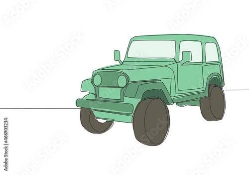 Single line drawing of 4x4 speed trail hill jeep car. Offroad adventure rally vehicle transportation concept. One continuous line draw design