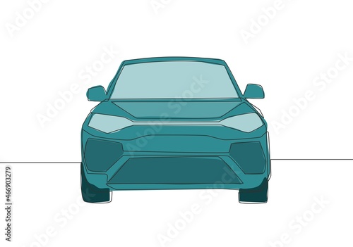 Continuous line drawing of luxury suv car from front view. Urban city vehicle transportation concept. One single continuous line draw design