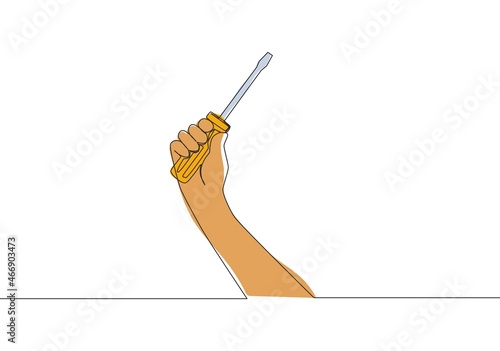 One continuous line drawing of man holding hand screwdriver. Single line draw vector design illustration
