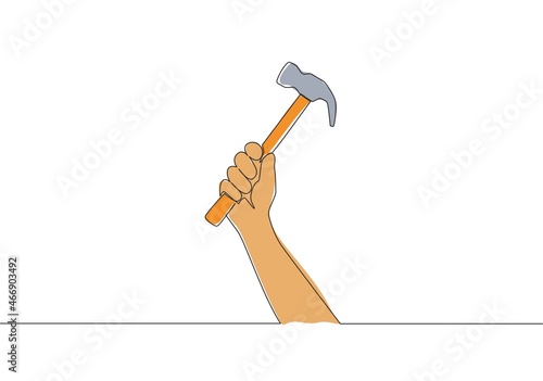 Single continuous line drawing of man holding hammer steel. Handyman tools concept. One line draw vector design illustration