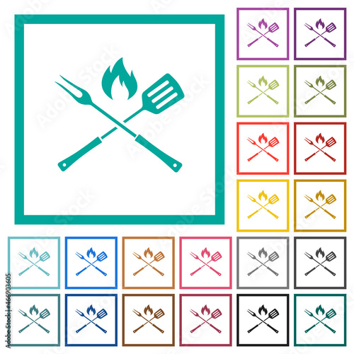 Barbecue fork and spatula with flame flat color icons with quadrant frames