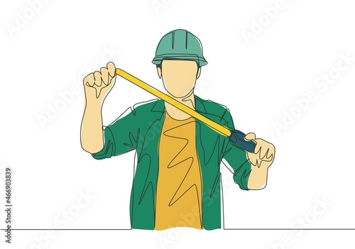 One single line drawing of young attractive handyman holding measurement tape. Building construction service concept Continuous line draw design illustration