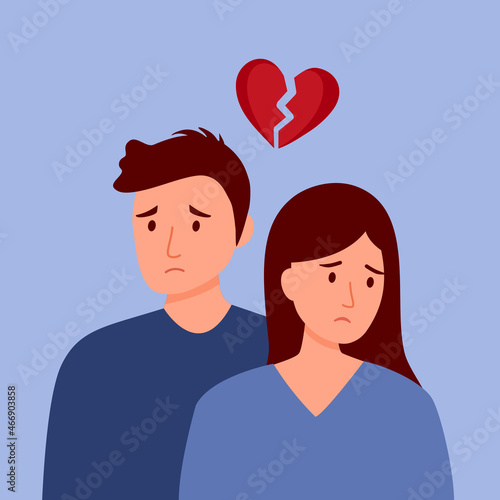 Broken heart concept vector illustration. Sad man and woman with red broken heart pieces. Breakup relationship. 