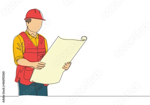Single continuous line drawing of young attractive architect checking sketch building architecture blueprint. House maintenance service concept one line draw design vector graphic illustration