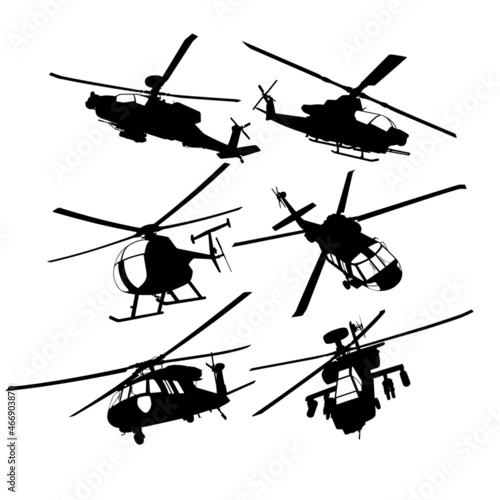 Isolated vector silhouettes of military transport helicopters and combat helicopters.