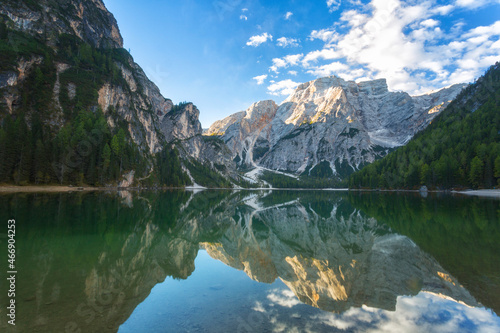 Braies Lake ( Pragser Wildsee ) in Dolomites Alps, Sudtirol, Italy