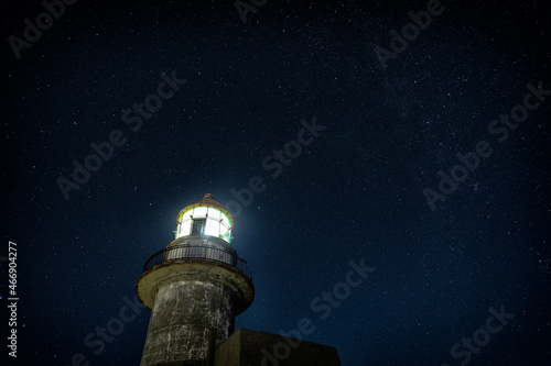 Working lighthouse and starry sky